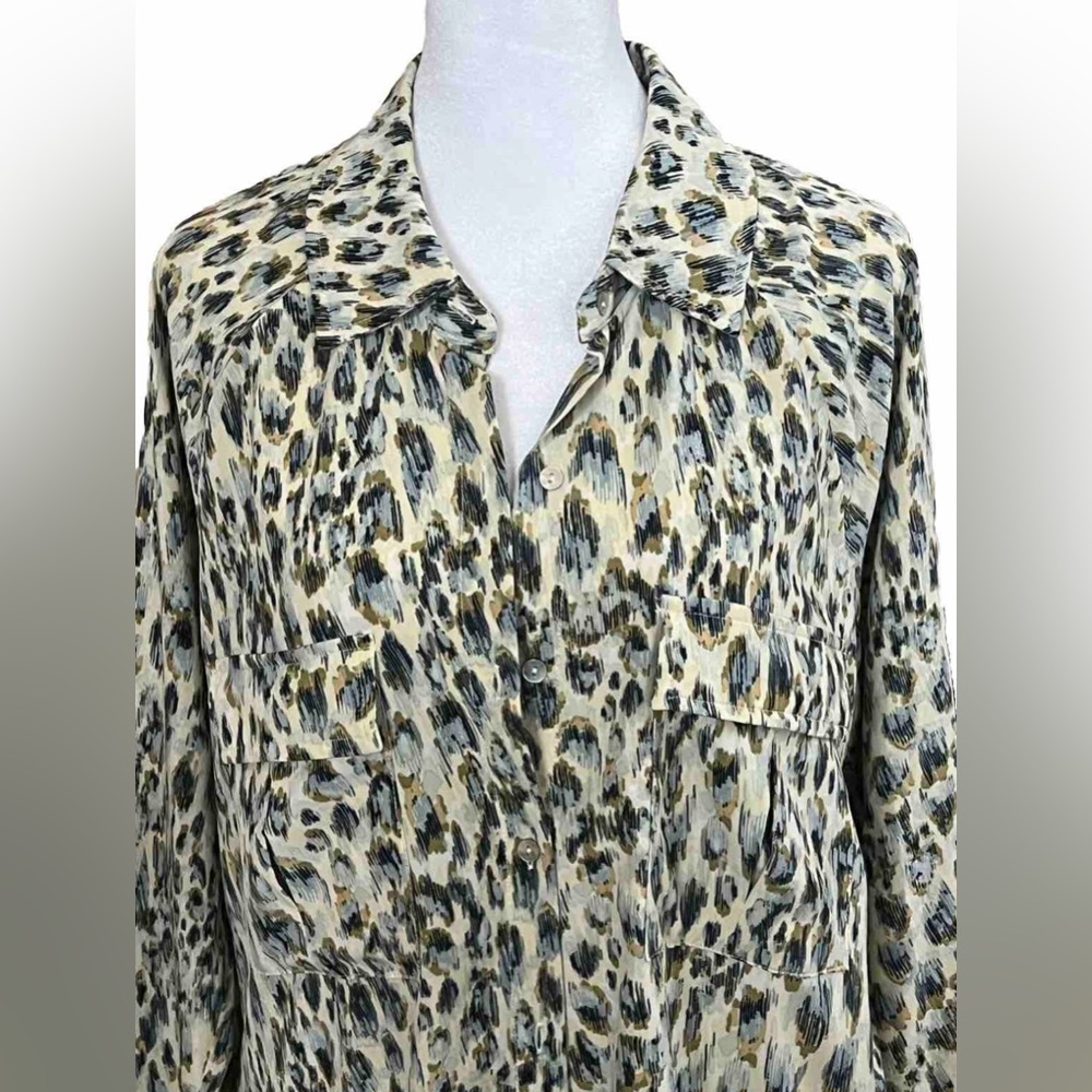 LOVESTITCH Cheetah Print Silky Rayon Yellow Blue Button Up Long Sleeve Top Small - Picture 3 of 9